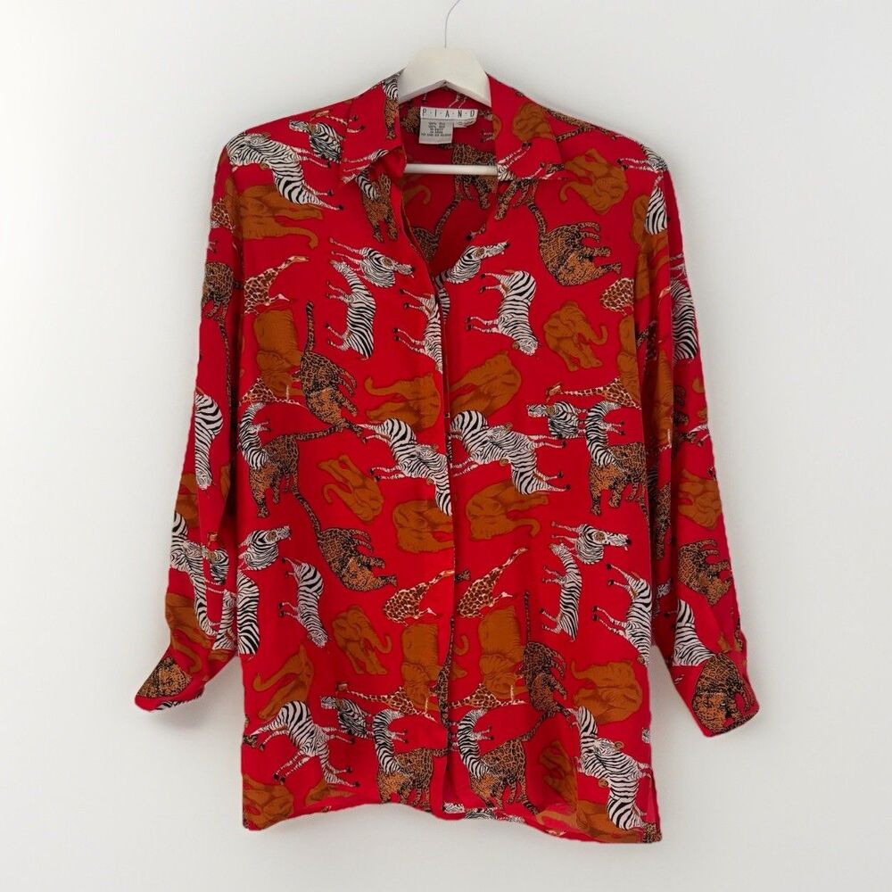 Vintage 100% Silk Piano Blouse Sz S Mob Wife Bold Red Animal Print Old Money